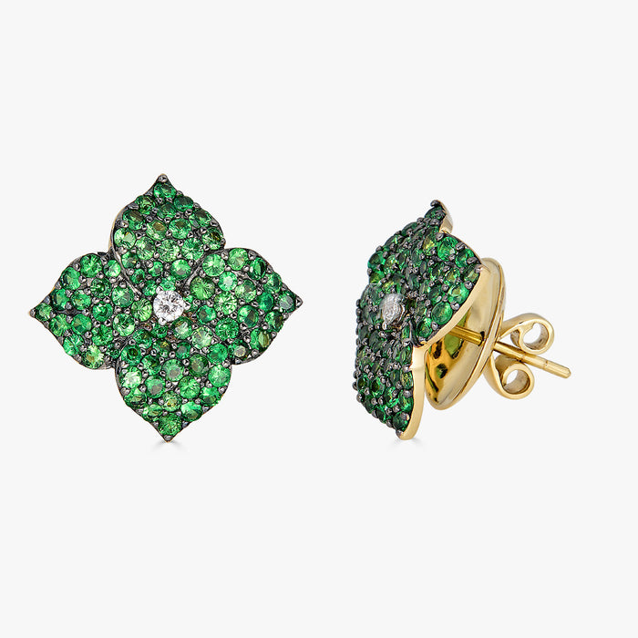 Mosaique Large Flower Earrings in Green Tsavorite Garnet