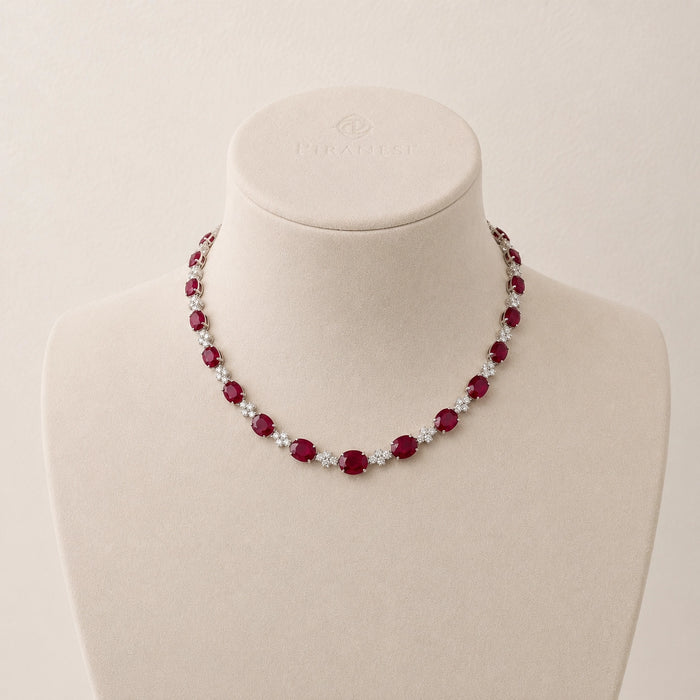Approx. 44.09 carats Oval Rubies&nbsp;
4.99 carats Round Diamonds&nbsp;
Necklace set in 18K White Gold&nbsp;
16.5 in
