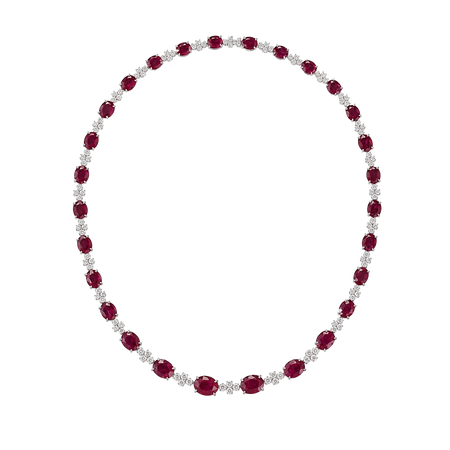 Approx. 44.09 carats Oval Rubies&nbsp;
4.99 carats Round Diamonds&nbsp;
Necklace set in 18K White Gold&nbsp;
16.5 in