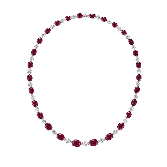 Approx. 44.09 carats Oval Rubies&nbsp;
4.99 carats Round Diamonds&nbsp;
Necklace set in 18K White Gold&nbsp;
16.5 in
