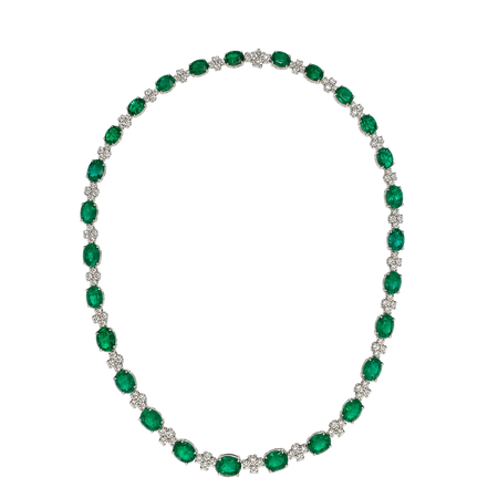 Approx 31.75 carats Oval Emerald&nbsp;
6.50 carats Round Diamonds
Necklace set in 18K White Gold