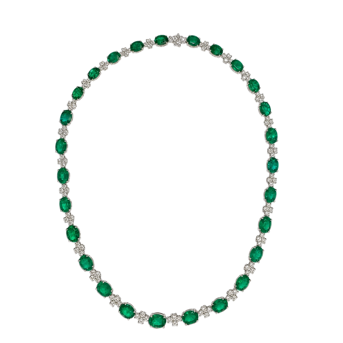 Approx 31.75 carats Oval Emerald&nbsp;
6.50 carats Round Diamonds
Necklace set in 18K White Gold