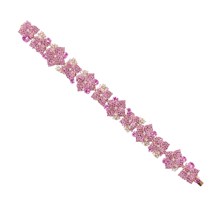 Approx. 15.30 carats Round Oval Pink Sapphires&nbsp;
1.34 carats Round Diamonds&nbsp;
Bracelet set in 18K Rose Gold&nbsp;
6.75 in