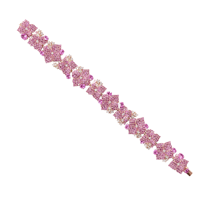 Approx. 15.30 carats Round Oval Pink Sapphires&nbsp;
1.34 carats Round Diamonds&nbsp;
Bracelet set in 18K Rose Gold&nbsp;
6.75 in