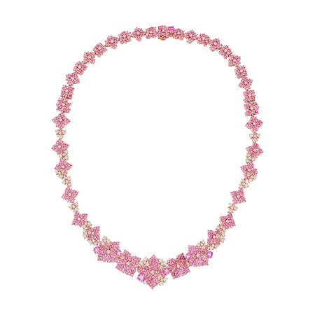 Approx. 15.28 carats Pink Round Oval&nbsp;
2.36 carats Round Diamonds&nbsp;
Necklace set in 18K Rose Gold