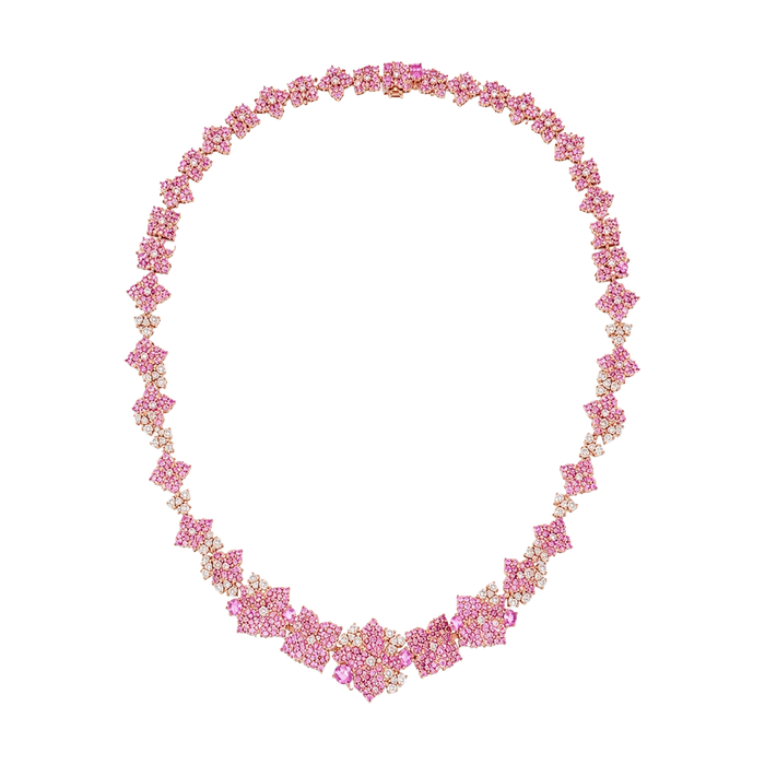 Approx. 15.28 carats Pink Round Oval&nbsp;
2.36 carats Round Diamonds&nbsp;
Necklace set in 18K Rose Gold