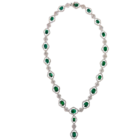 Approx. 20.97 carats Oval Emeralds&nbsp;
11.05 carats Round Diamonds&nbsp;
Necklace set in 18K White Gold