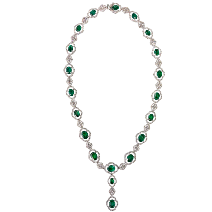 Approx. 20.97 carats Oval Emeralds&nbsp;
11.05 carats Round Diamonds&nbsp;
Necklace set in 18K White Gold