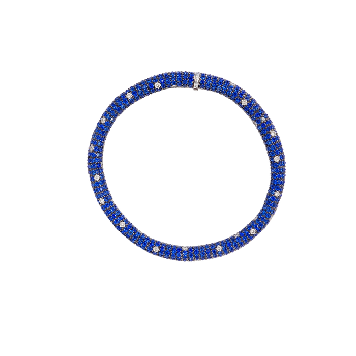 Approx. 10.56 carats Round Blue Sapphires&nbsp;
0.70 carats Round Diamonds&nbsp;
Set in 18K White Gold&nbsp;
7.25 in