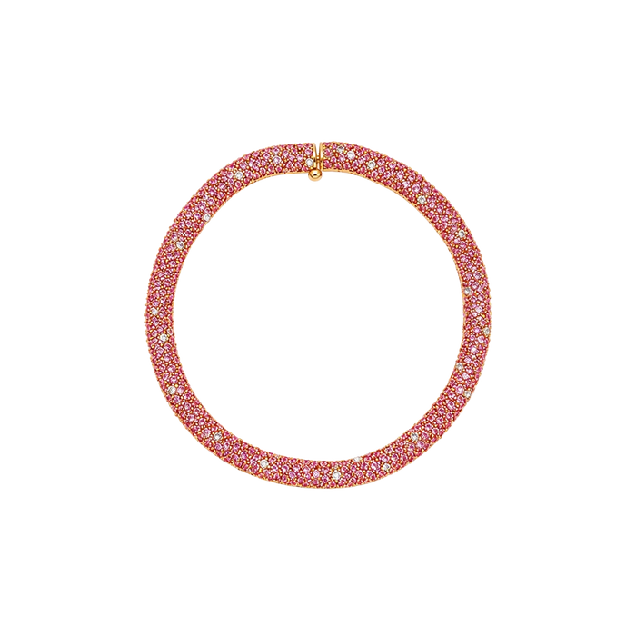 Approx. 9.67 carats Round Pink Sapphires
0.69 carats Round Diamonds&nbsp;
Set in 18K Yellow Gold
7.25 in