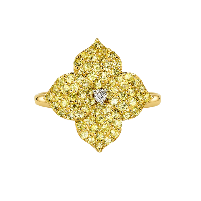 Approx. 1.01 carats Round Yellow Sapphires
0.04 carats Round Diamonds
Set in 18K Yellow Gold
