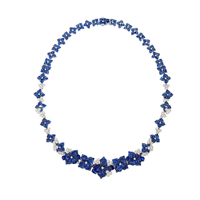 Approx. 15.51 carats Round and Oval Blue Sapphires
1.98 carats Round Diamonds
Set in 18K White and Blackened Gold