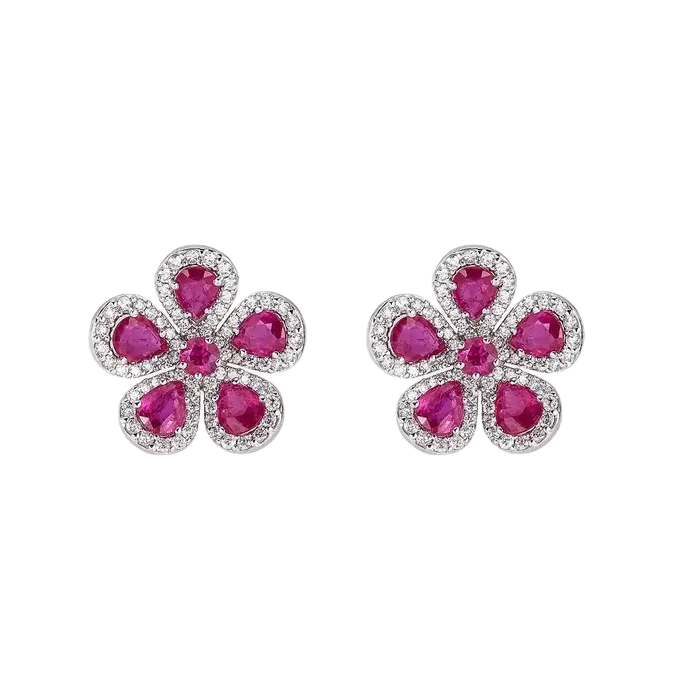 Round Ruby
1.04 carats Round White Diamond&nbsp;
Earring set in 18K White Gold with posts only
Earring Measures: 18mm x 18mm
Mouse-tail Mechanism for Drops (sold separately)