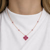 Approx. 1.80 carats Round Deep Pink Sapphires
Diamond Center
Pendant Set in 18K Rose and Black Gold
Color Stone Chain Included
Pendant Measures: 12mm X 12mm
Necklace Measures: 17 inches