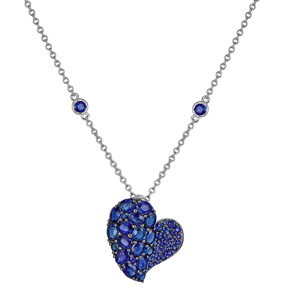 Blue Sapphire Wave Heart 18 Inch Necklace Set in 18K White & Black Gold ...